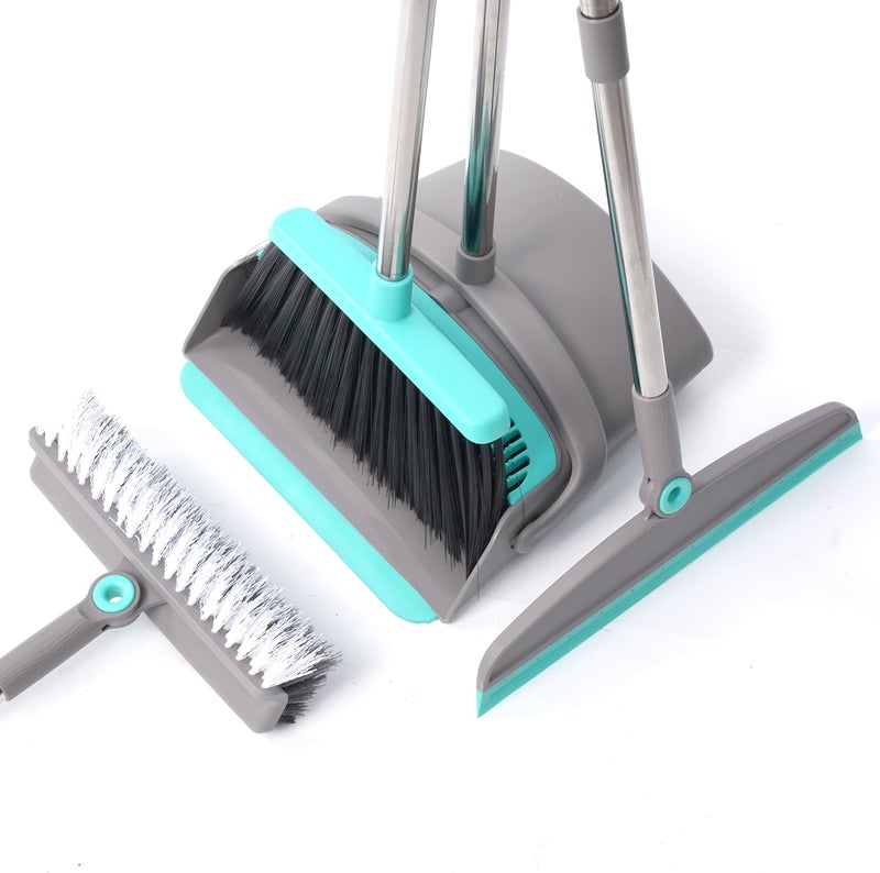 Duitwell Broom with Dustpan Combo Set, Silicone Broom Squeegee and Scrub Brush Set with Long Adjustable Handle for Indoor & Outdoor Sweeping and Scrubbing, Ideal for Pet Hair, Liquids and Dirt - Image 1